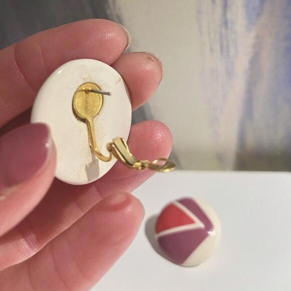 RARE Vintage 1980s NAPIER Geometric Enamel Button Earrings - Picture 3 of 5